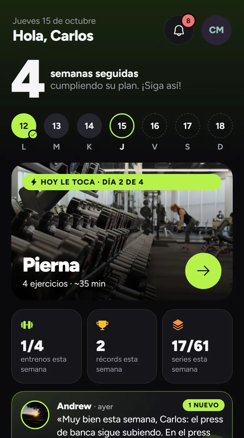 Vista del cliente de Andrew Coaching en el celular: semana y rutina del día