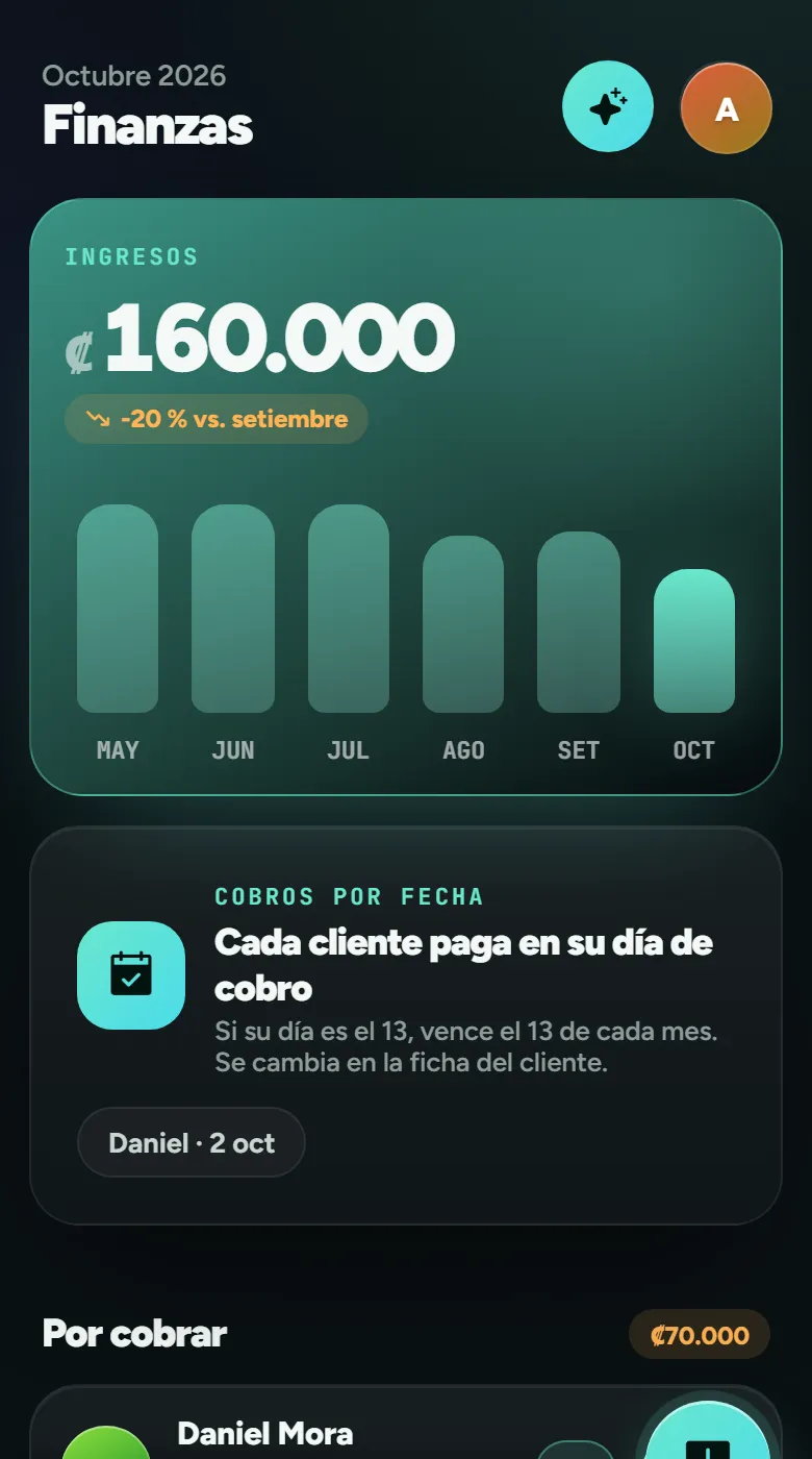 Pantalla de finanzas de Andrew Coaching en el celular